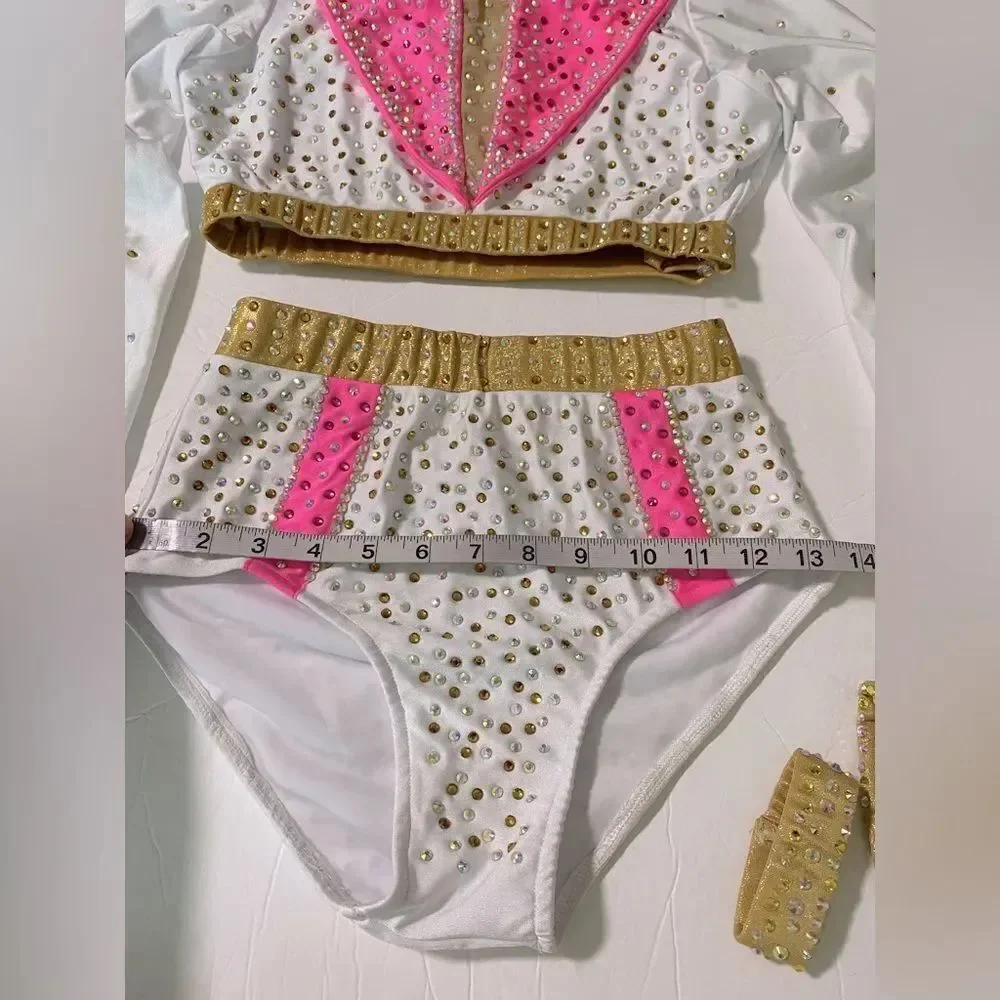 Glamour Solo Dance Costume Elvis 2 Piece White Pink Rhinestoned SA Adult Jazz